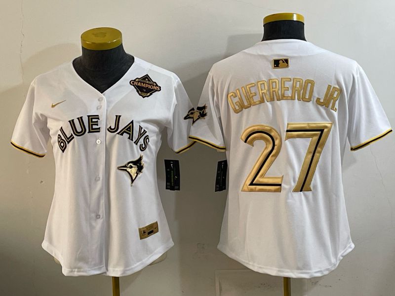 Women Nike 2026 Toronto Blue Jays #27 Guerrero jr white gold Game MLB Jersey 12->women mlb jersey->Women Jersey